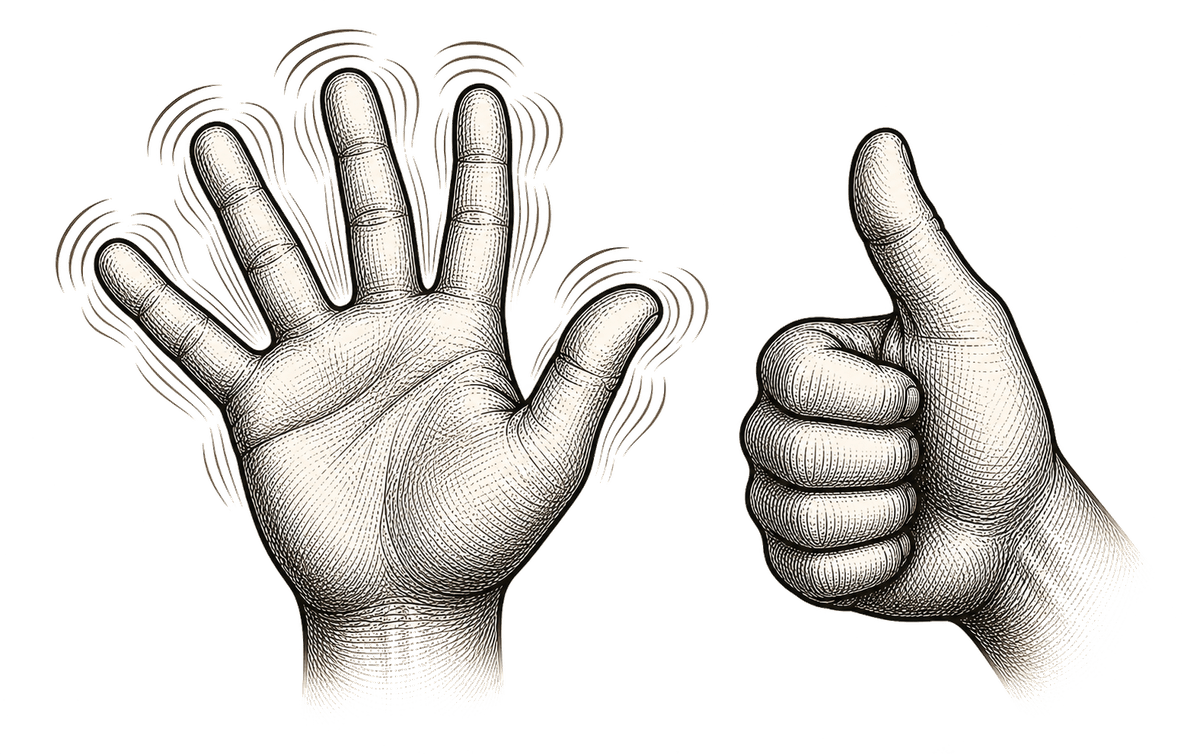 Wiggling your fingers or thumbs up to express enthusiasm or agreement