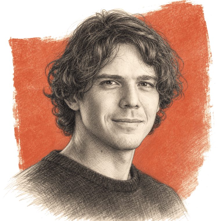 Chris Gagné, illustrated in the house pencil style