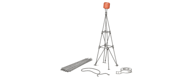 Hand-drawn spaghetti tower with a terracotta marshmallow on top, beside a bundle of spaghetti, a length of string, and a roll of tape.