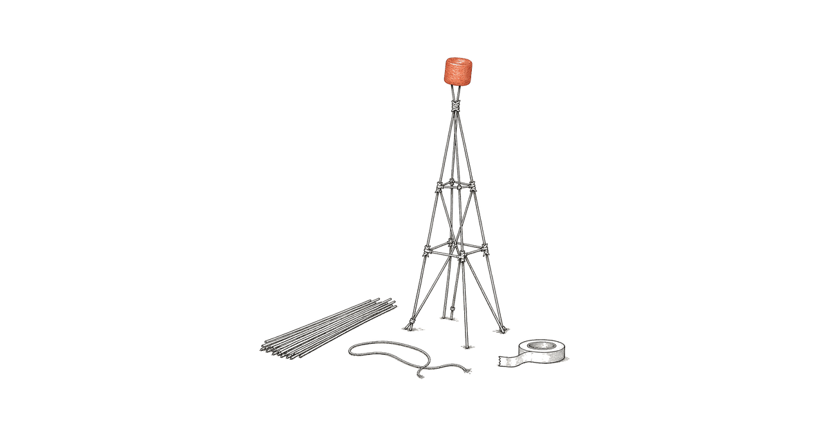 Hand-drawn spaghetti tower with a terracotta marshmallow on top, beside a bundle of spaghetti, a length of string, and a roll of tape.
