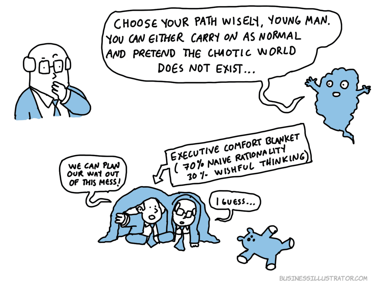Two executives hide under an Executive Comfort Blanket (70% naive rationality, 30% wishful thinking) while a ghost representing the chaotic world looks on