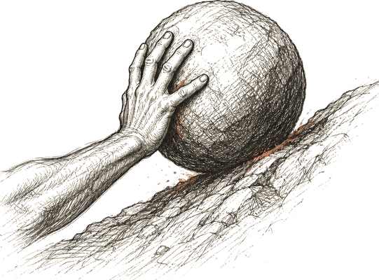 A hand pushing a boulder uphill
