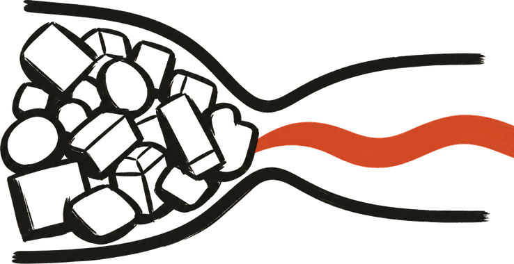 Blocks jamming a channel that narrows into a single flowing ribbon