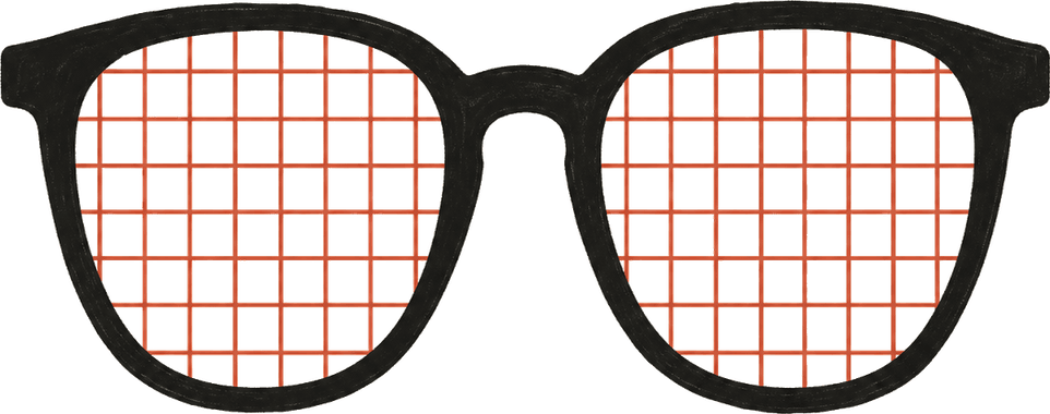 Spectacles with a grid drawn across both lenses