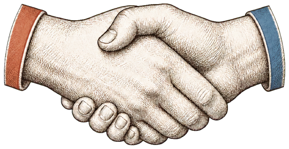 Two hands clasped in partnership, one terracotta and one blue