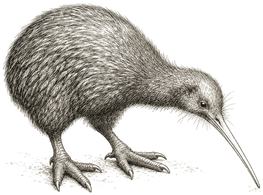 A kiwi, beak to the ground, investigating a small chrysalis