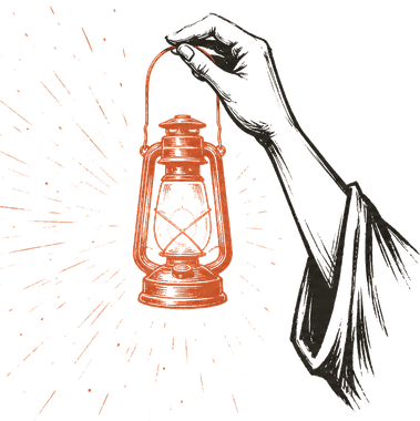 A hand holding up a lit lantern