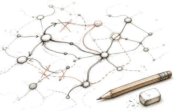 A pencil-sketched network of nodes with paths crossed out and redrawn
