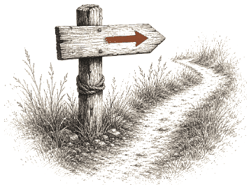 A worn path running past a wooden signpost