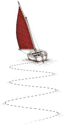 A small sailboat with a terracotta sail tacking upwind, its zigzag wake trailing behind