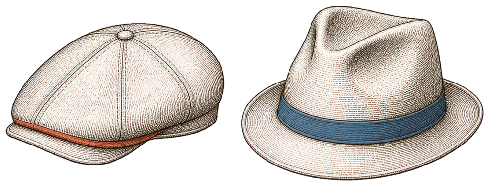 Two different hats side by side, one with a terracotta band and one with a blue band