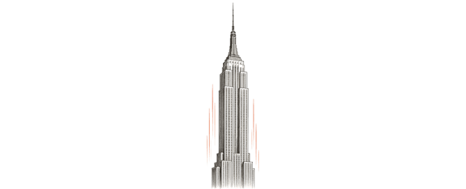 Hand-drawn Empire State Building, an art-deco skyscraper, centred with subtle terracotta speed lines evoking its fast 1930-31 build. No people.