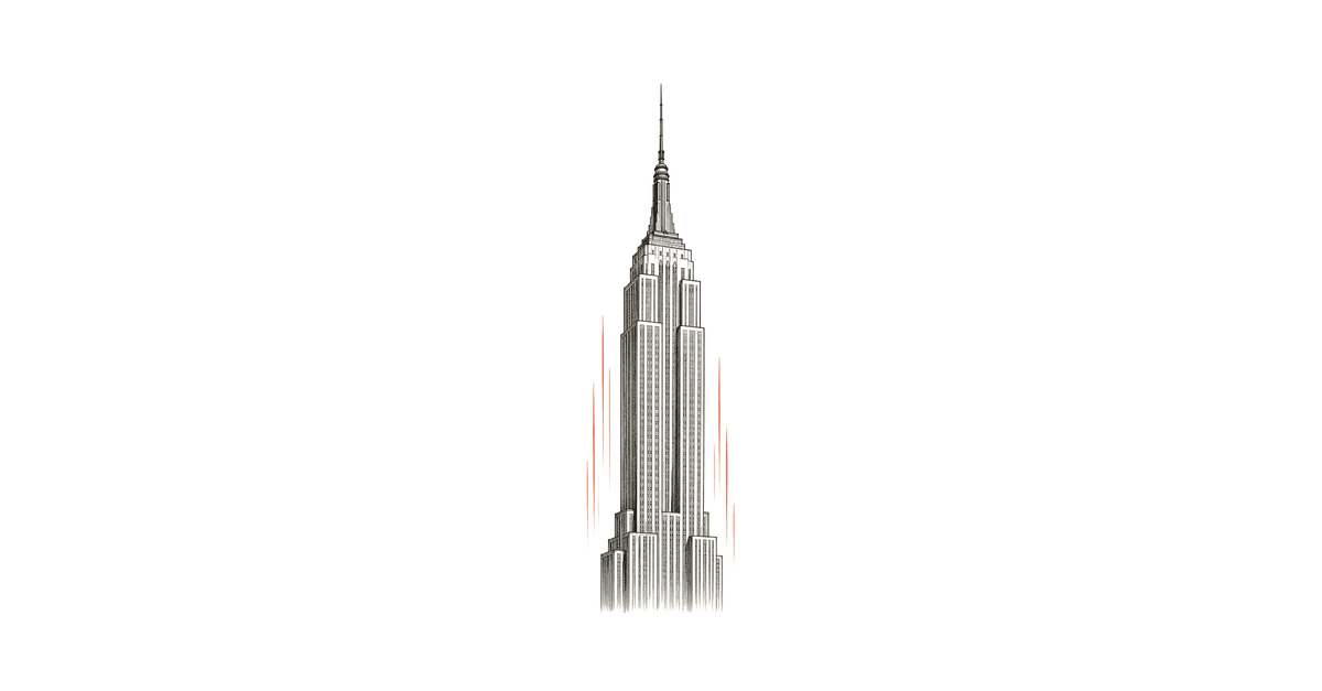 Hand-drawn Empire State Building, an art-deco skyscraper, centred with subtle terracotta speed lines evoking its fast 1930-31 build. No people.
