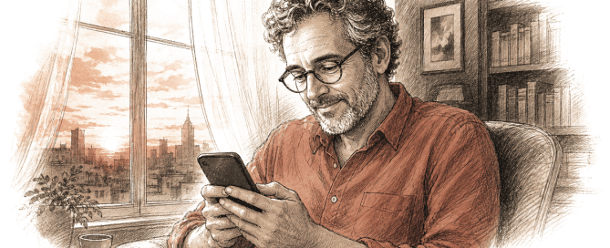 Pen-and-ink illustration: a man in a rust shirt sits at dusk holding a smartphone with a gentle half-smile, warm sunset window light on the left, a darkened study with bookshelves on the right.
