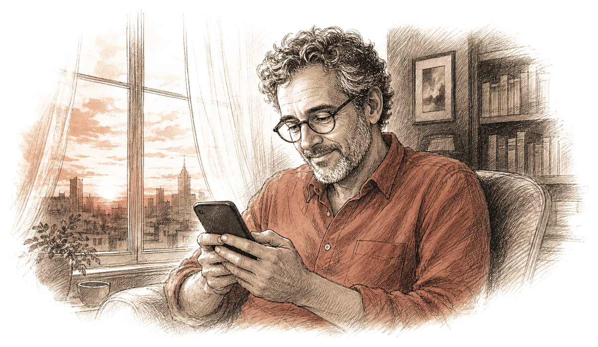 Pen-and-ink illustration: a man in a rust shirt sits at dusk holding a smartphone with a gentle half-smile, warm sunset window light on the left, a darkened study with bookshelves on the right.