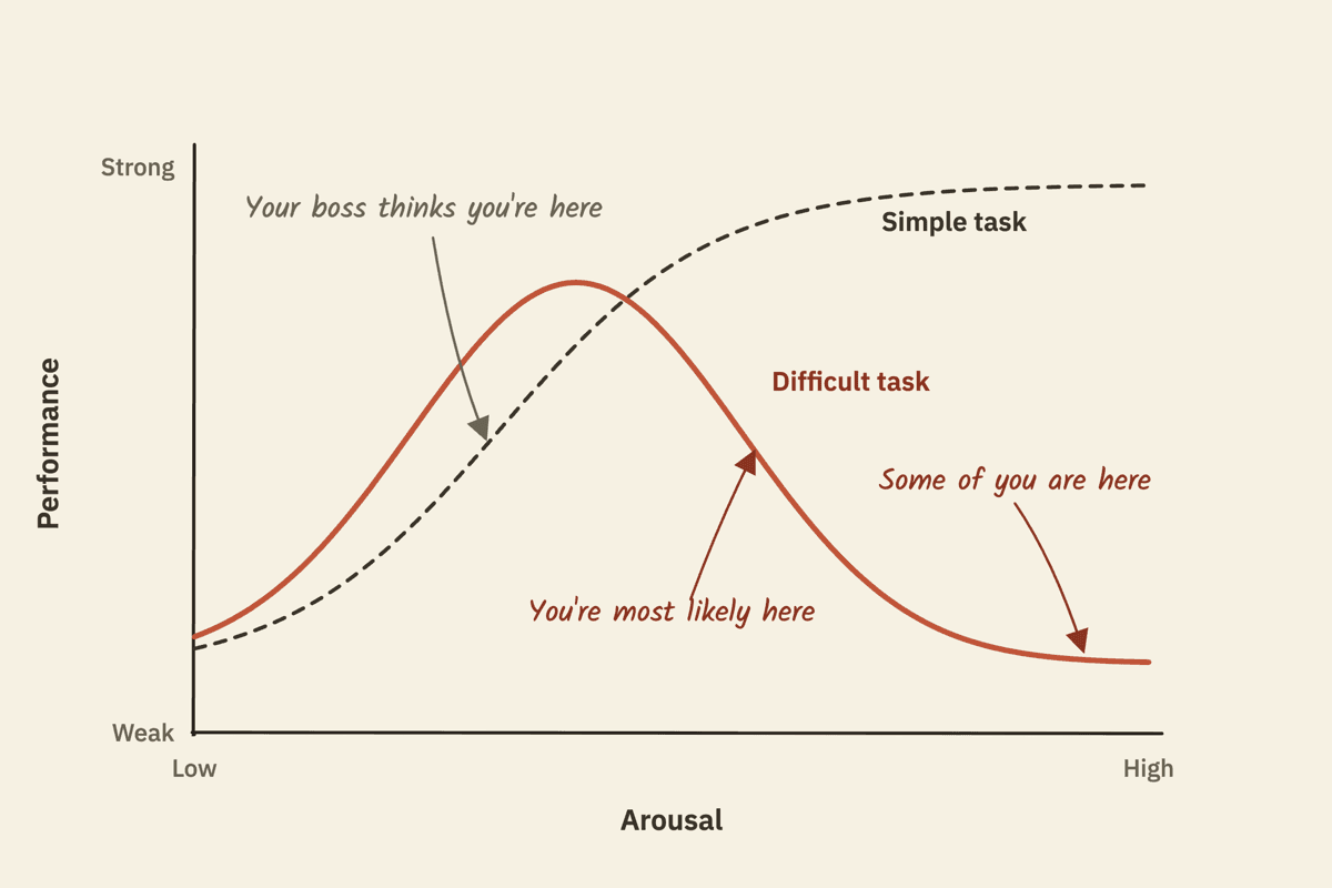 The Yerkes-Dodson curve: performance rises with arousal to a point, then falls for difficult tasks