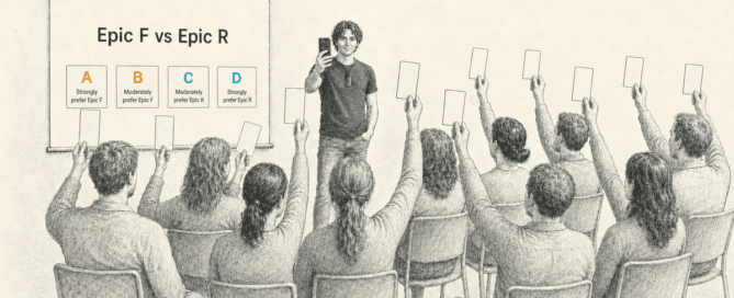 A facilitator scans a room of stakeholders holding up Plickers cards to vote on 'Epic F vs Epic R', with a four-point preference scale on the screen.